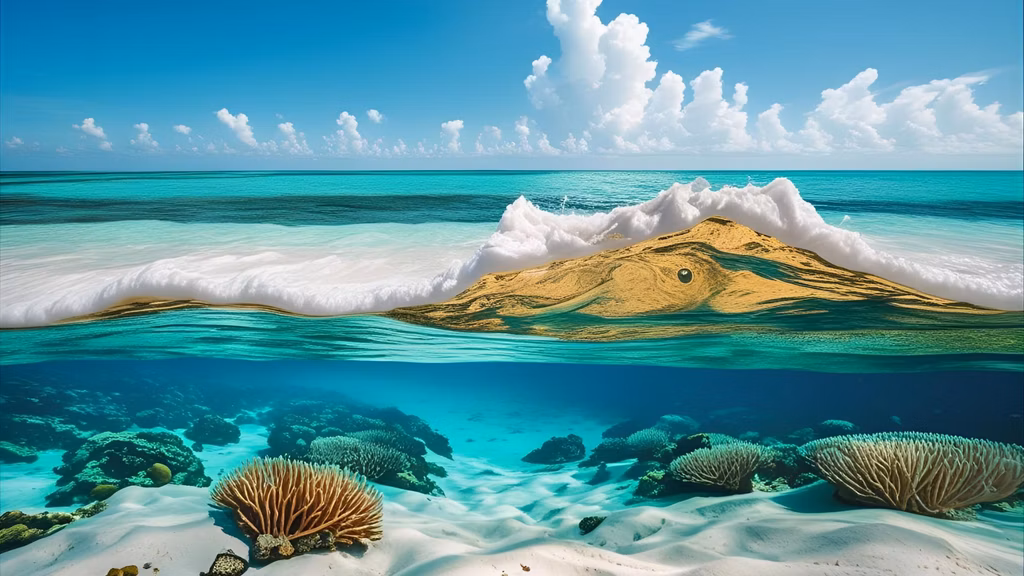 A bright beach scene with soft white sand and clear turquoise water revealing vibrant coral reefs beneath the surface, highlighting the beauty of a healthy ocean environment.