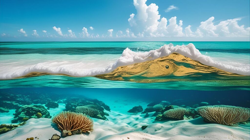 A bright beach scene with soft white sand and clear turquoise water revealing vibrant coral reefs beneath the surface, highlighting the beauty of a healthy ocean environment.