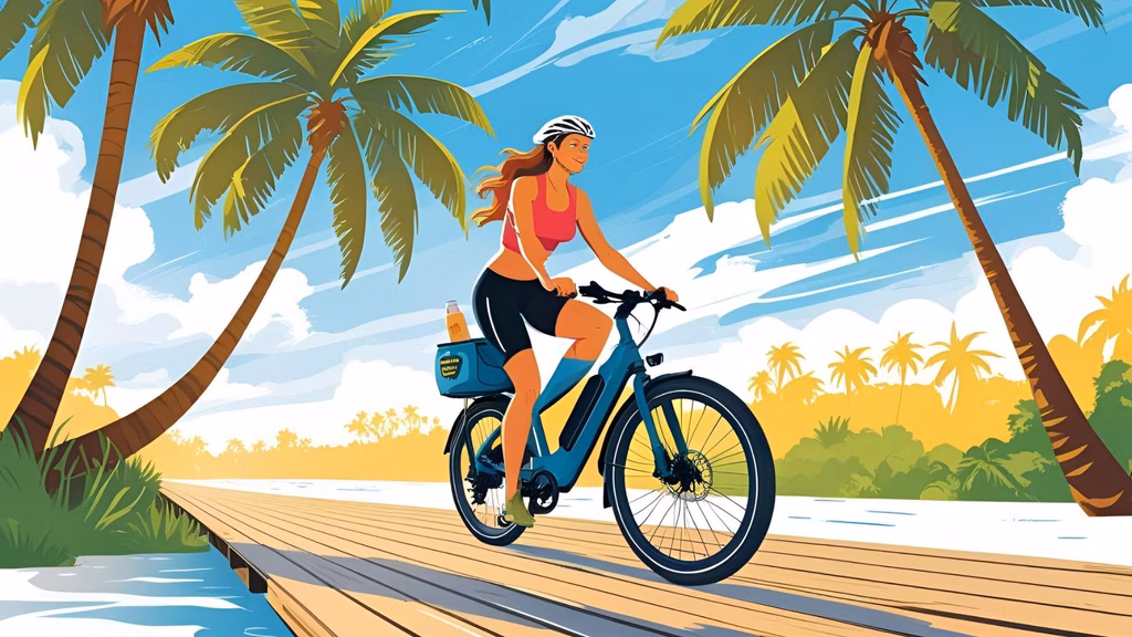 A cyclist riding an eBike along a boardwalk or beach trail, with SafeSea sunscreen visible in a pouch or backpack.