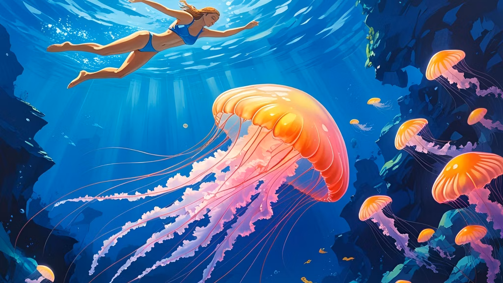 A jellyfish drifting in clear water, with a swimmer calmly floating nearby