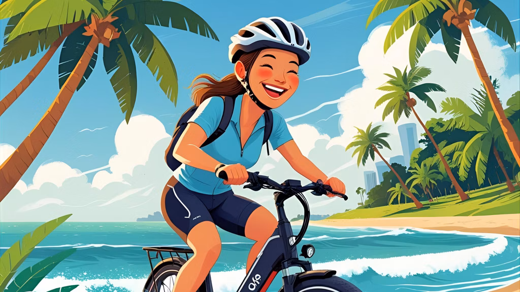 A joyful cyclist cruising on an e-bike along Singapore’s East Coast Park, with the ocean in the background.
