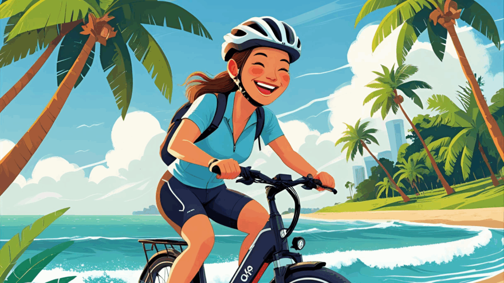 A joyful cyclist cruising on an e-bike along Singapore’s East Coast Park, with the ocean in the background.