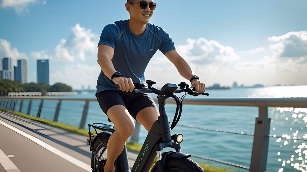 A modern Asian adult riding an eBike along a coastal path in Singapore (e.g., East Coast Park), wearing sunglasses and casual activewear under bright tropical sunlight.