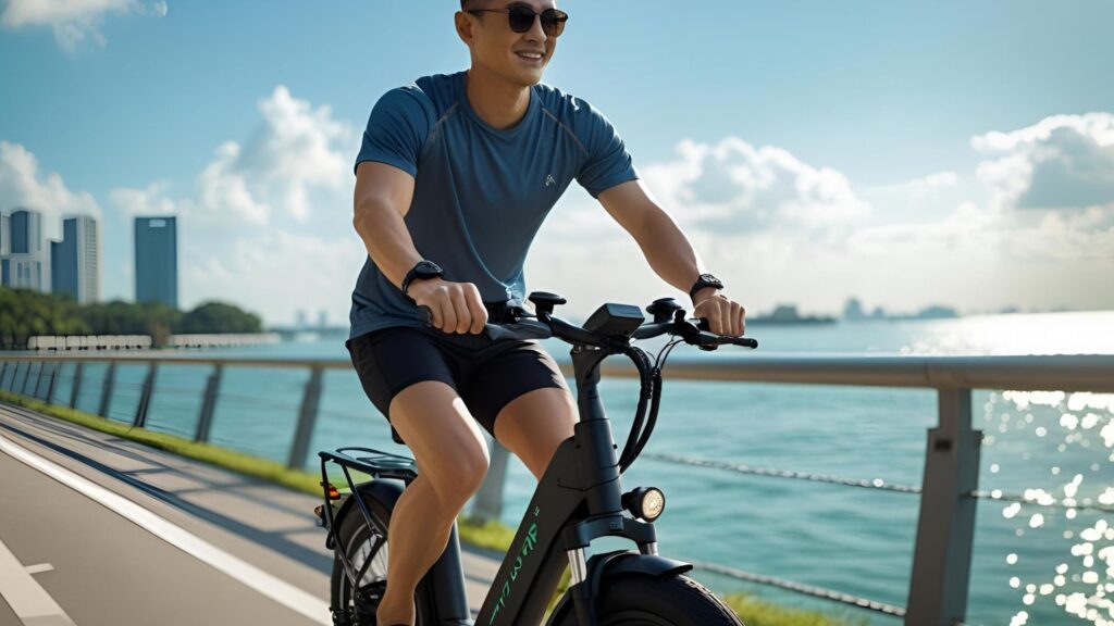 A modern Asian adult riding an eBike along a coastal path in Singapore (e.g., East Coast Park), wearing sunglasses and casual activewear under bright tropical sunlight.