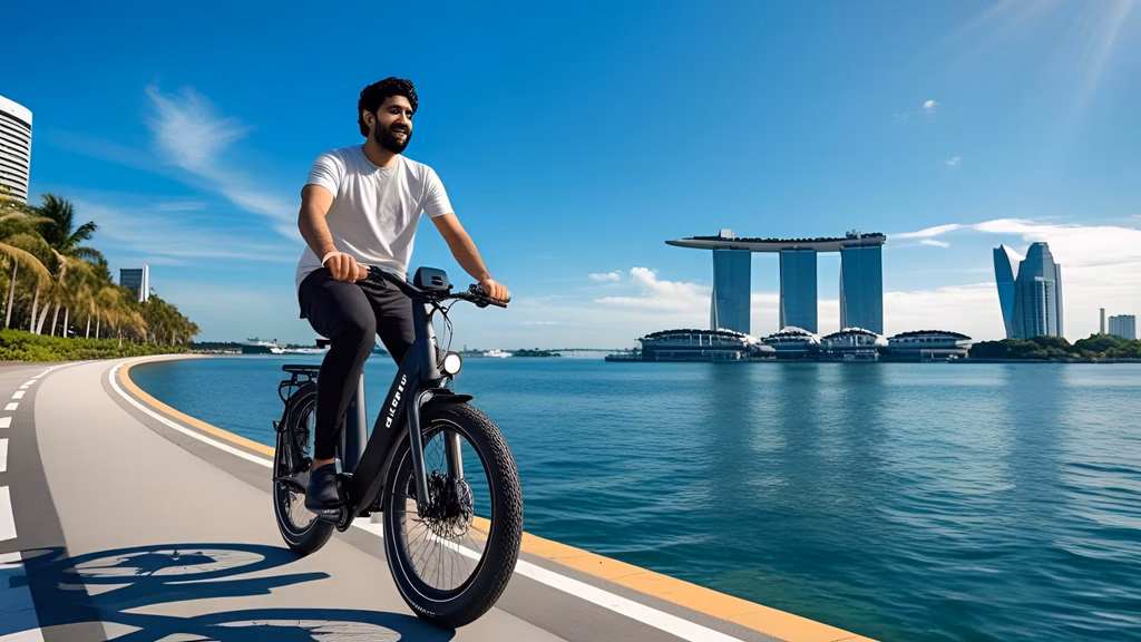 A person riding an e-bike along a scenic coastal route in Singapore (e.g., East Coast Park or Marina Bay area) with clear blue skies and sunlight.