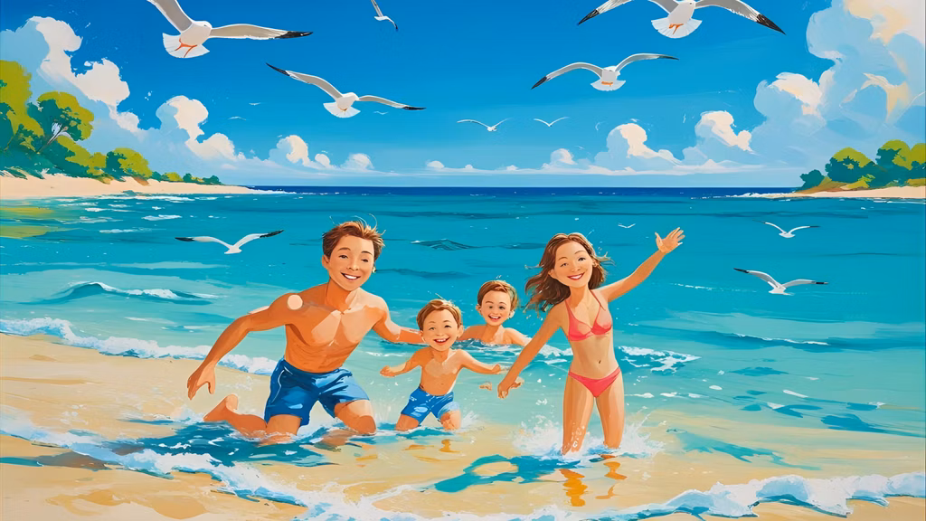 A serene beach scene with clear blue water and soft sand, where a family enjoys swimming under the sun.