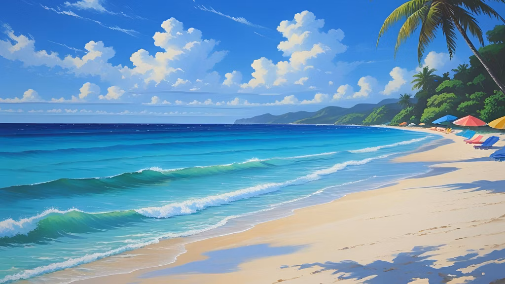 A tropical beach setting with clear blue skies and gentle waves