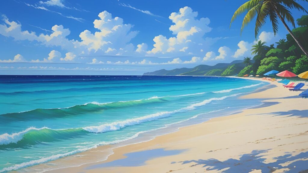 A tropical beach setting with clear blue skies and gentle waves
