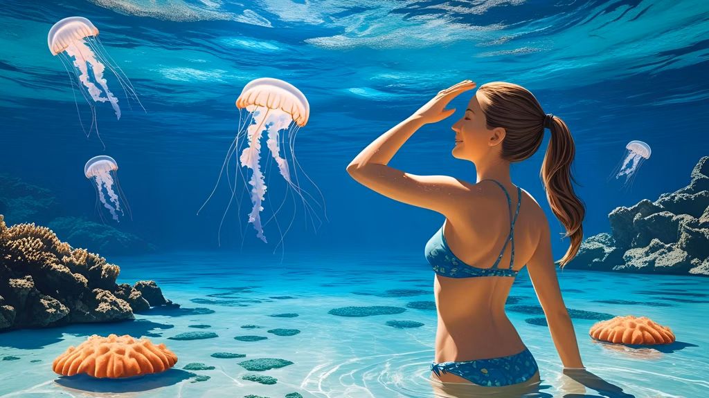 A vibrant tropical beach scene with clear blue water, coral reefs visible under the surface, and a swimmer applying sunscreen while standing at the shore. In the distance, a few jellyfish float ha
