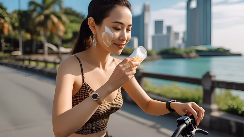 An eBike rider in Singapore applying SafeSea sunscreen outdoors, with a sunny coastal park and ocean in the background.