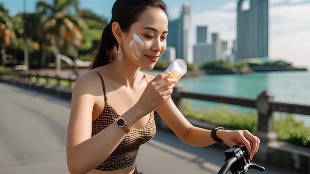 An eBike rider in Singapore applying SafeSea sunscreen outdoors, with a sunny coastal park and ocean in the background.