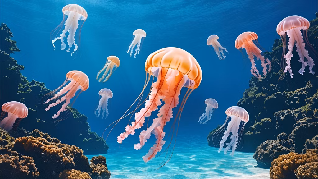 Clear blue tropical sea with a subtle jellyfish silhouette