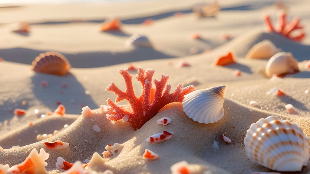 Close-up of the sand, with coral fragments or shells around it