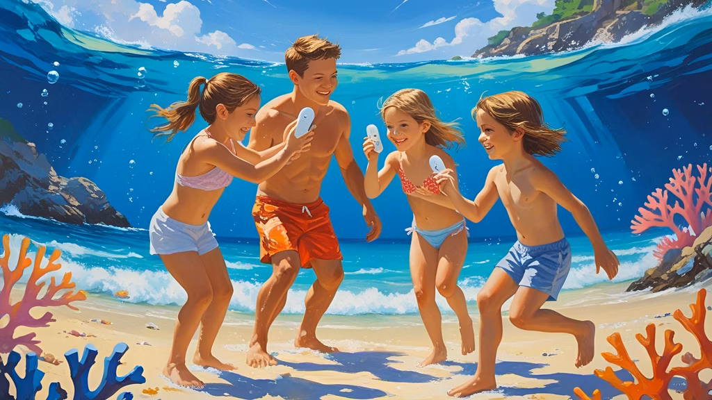 Family at the beach, kids applying sunscreen before swimming near coral or open water