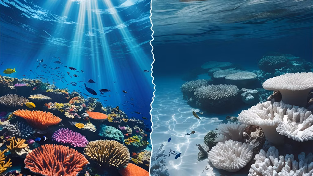Side-by-side comparison of vibrant coral reef vs. bleached/damaged reef (with a caption about chemical exposure)