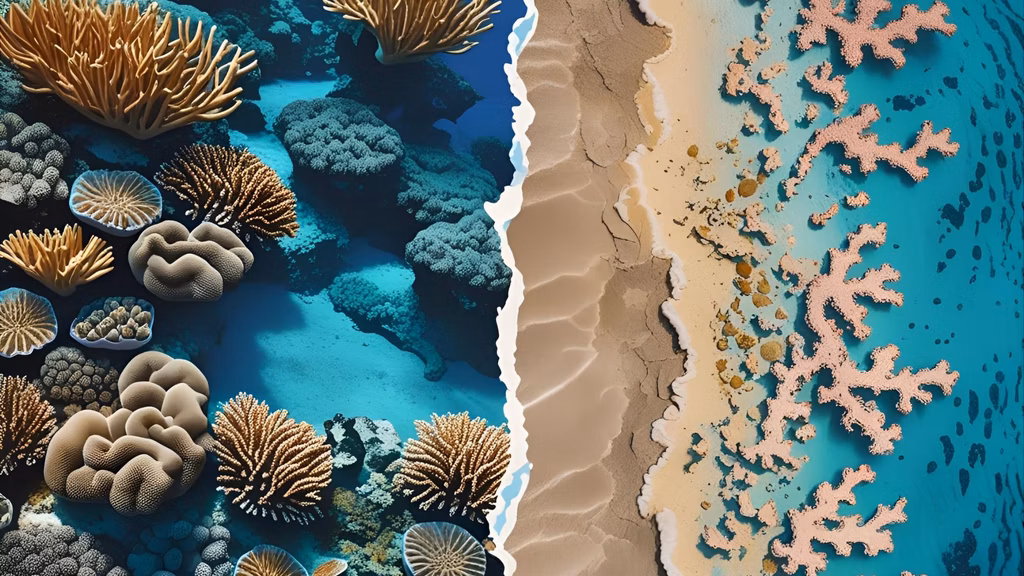  Split-screen image showing healthy coral reef on one side and bleached reef on the other, with text: “Protect your skin, preserve our oceans.”