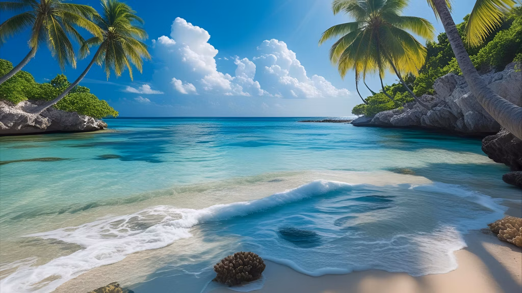 The cover image should feature a vibrant tropical beach scene with clear blue waters and healthy coral reefs.