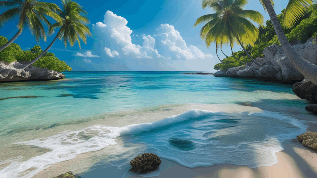 The cover image should feature a vibrant tropical beach scene with clear blue waters and healthy coral reefs.