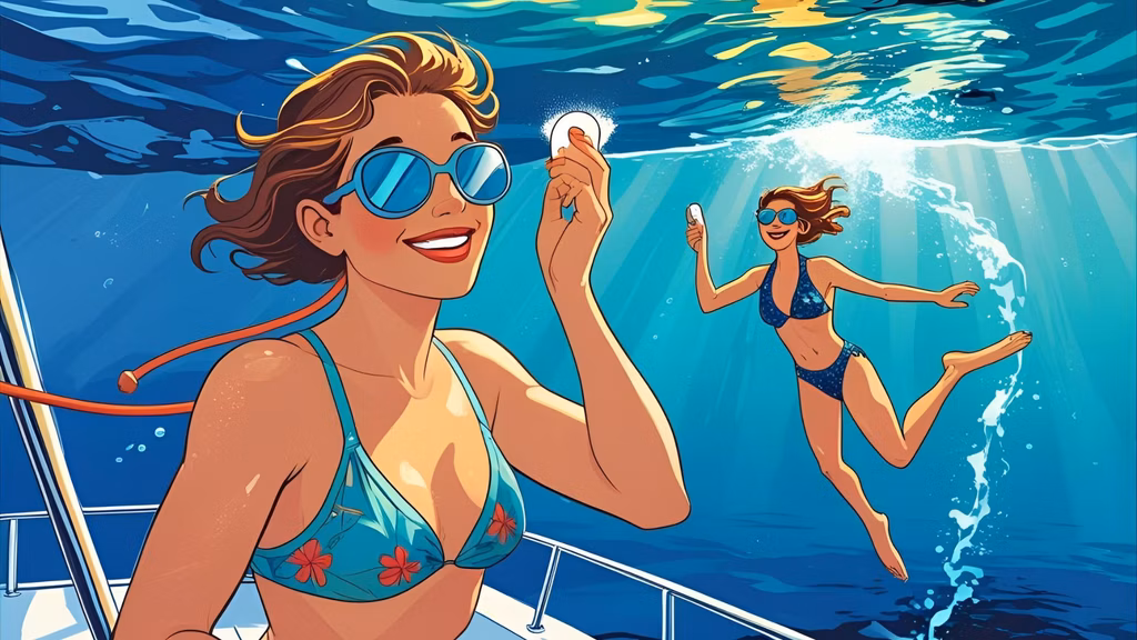 Underwater diver applying SafeSea sunscreen on a boat, then jumping into crystal-clear water.