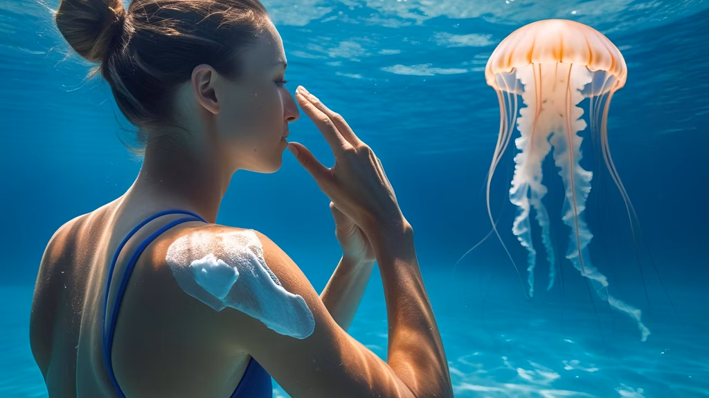 Underwater photo of a swimmer applying SafeSea before entering the ocean, with a jellyfish faintly visible in the distance