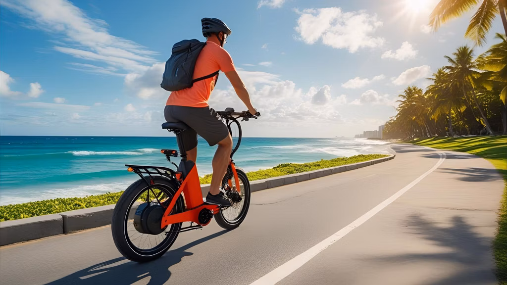 A vibrant photo of an e-biker riding along East Coast Park with the ocean in the background and bright tropical sunlight.