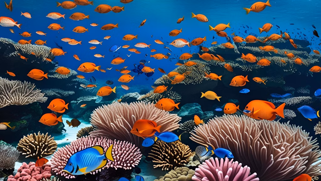 Vibrant coral reef teeming with fish—healthy, colorful, and untouched