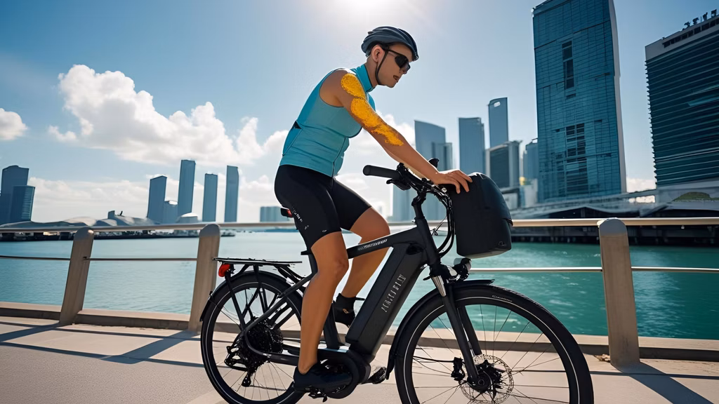 Wide shot of a cyclist riding an eBike near Marina Barrage under bright sunlight, applying sunscreen on their arms or neck.