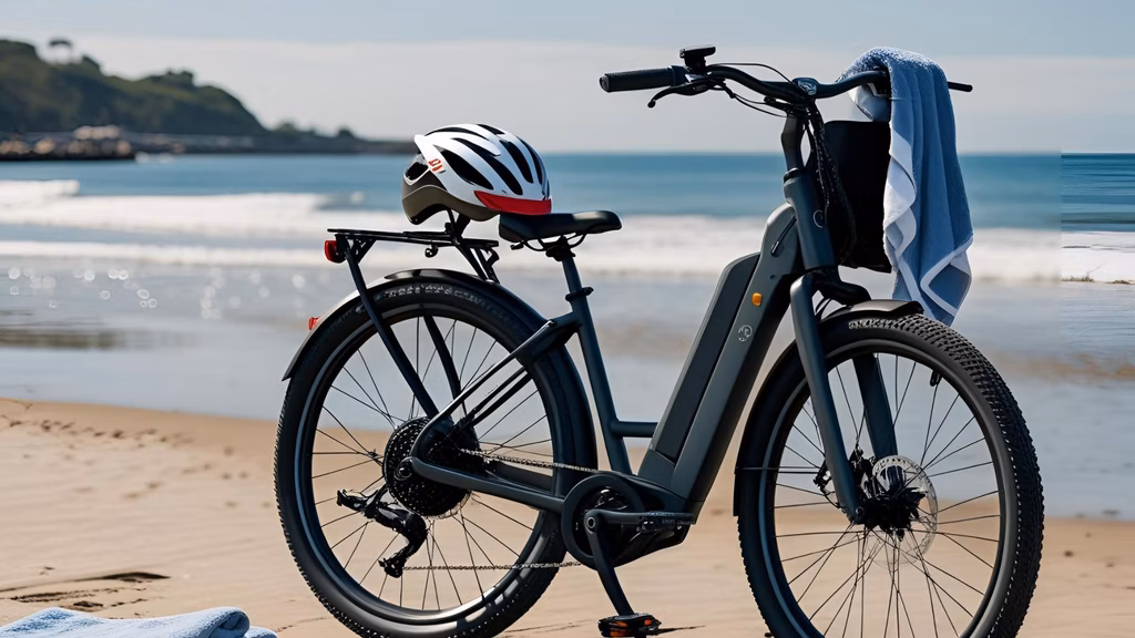 eBike parked near a beach with a helmet resting on the handlebar, and a bottle of SafeSea sunscreen next to it on a towel.

