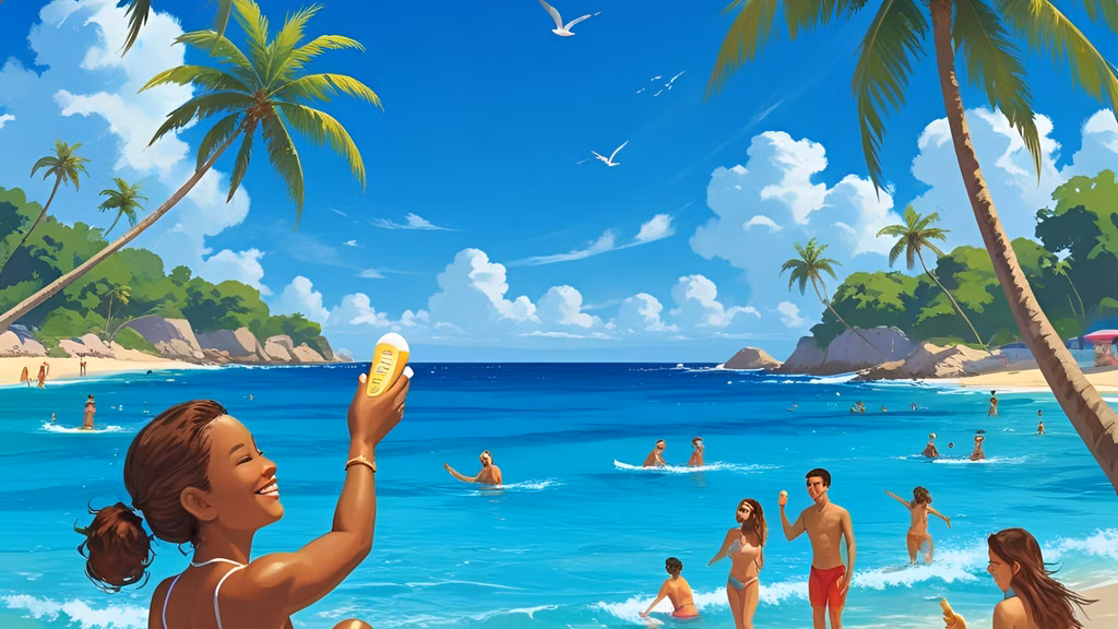 A vibrant, sunlit beach scene with crystal-clear blue water, where a smiling person applies sunscreen.