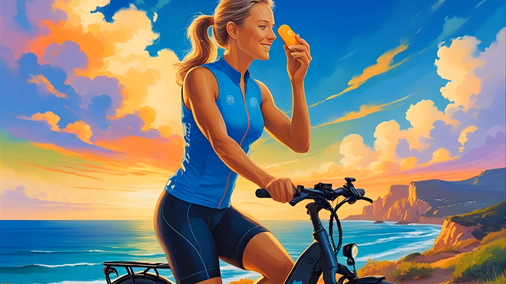 Cyclist applying SafeSea sunscreen before coastal eBike ride