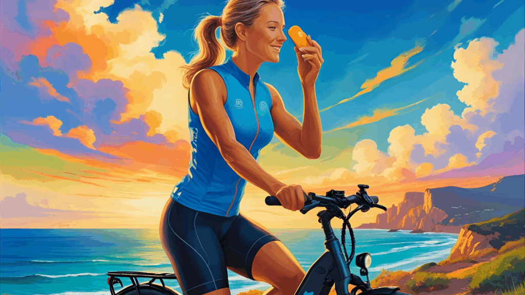 Cyclist applying SafeSea sunscreen before coastal eBike ride