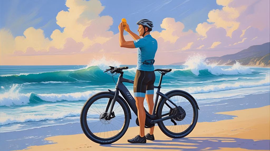 Cyclist applying sunscreen before coastal eBike adventure