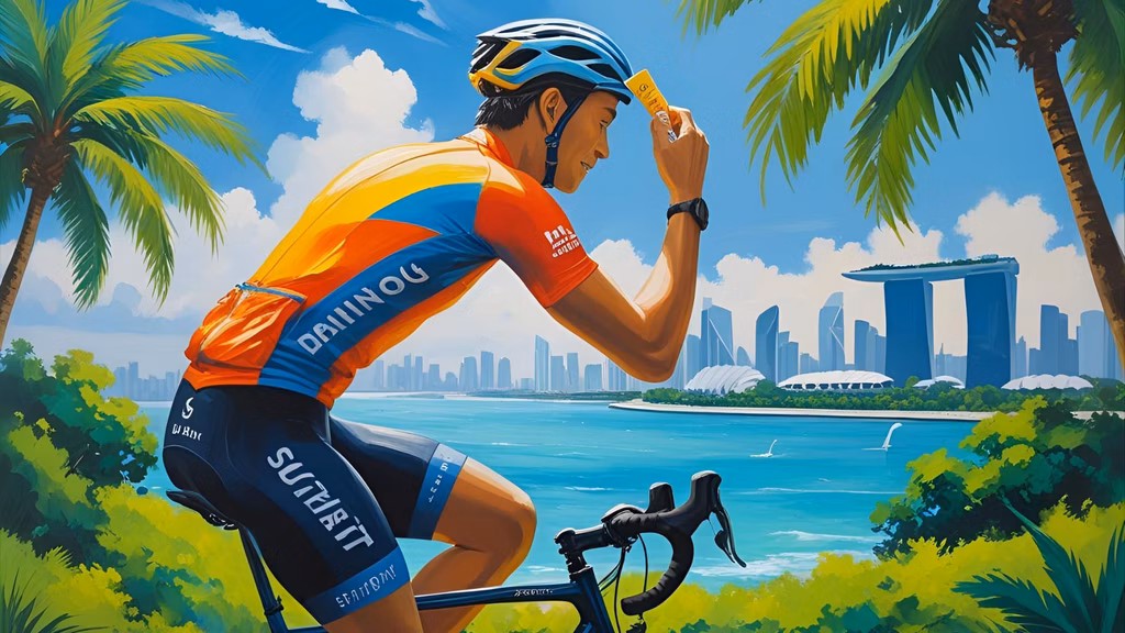 Cyclist applying sunscreen near sunny Singapore coastline