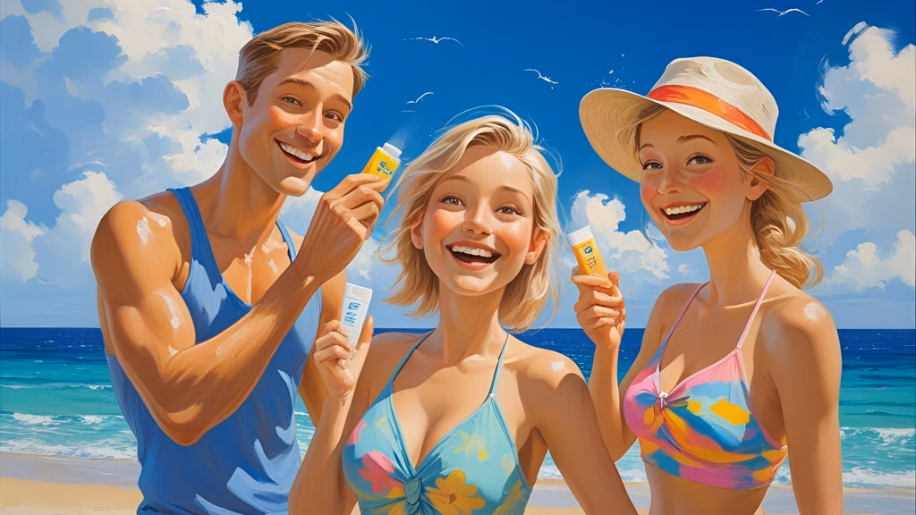 Family at beach applying SafeSea sunscreen, smiling