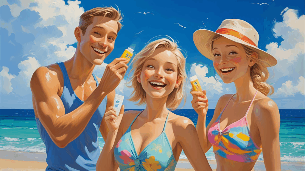 Family at beach applying SafeSea sunscreen, smiling