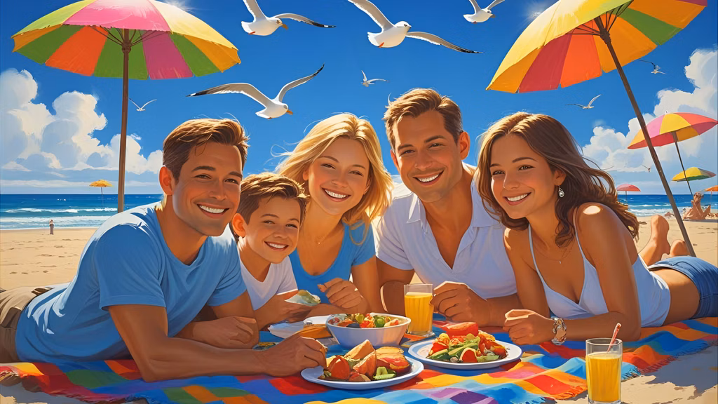 Family at sunny beach.
