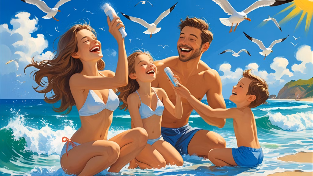 Family laughing while applying sunscreen at sunny beach.