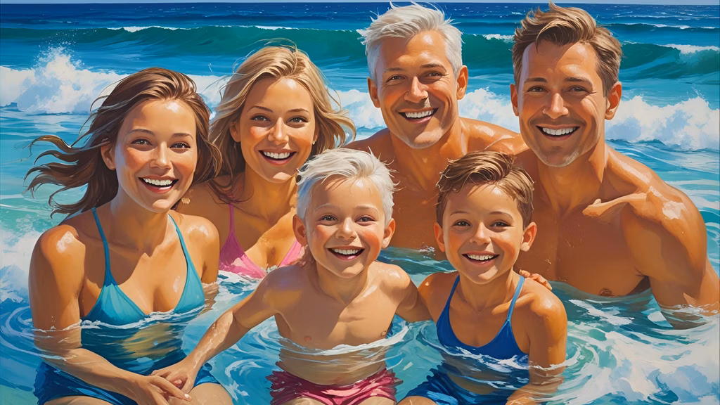 Family swimming happily, protected by SafeSea sunscreen