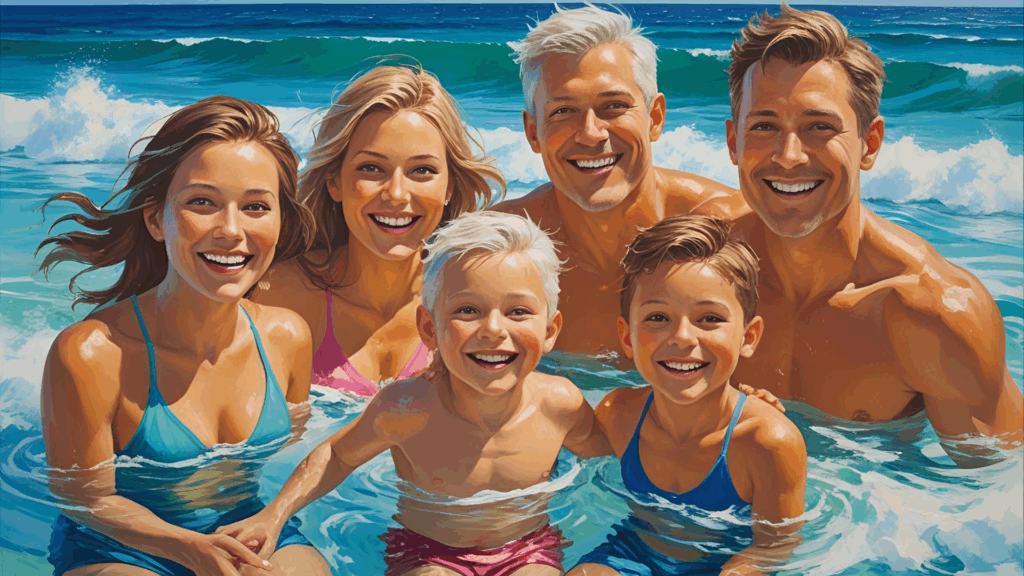 Family swimming happily, protected by SafeSea sunscreen
