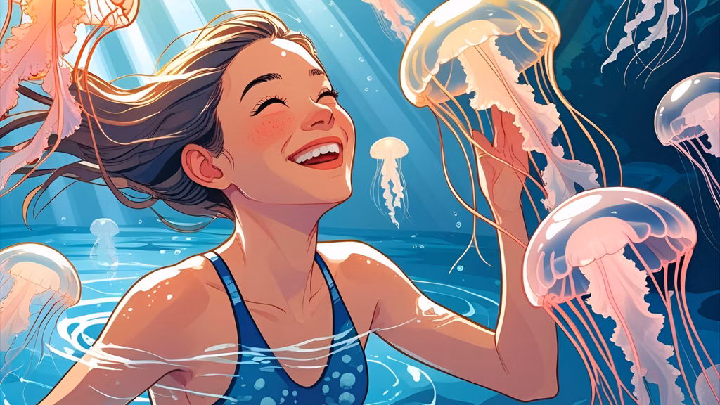 Happy swimmer protected by jellyfish.