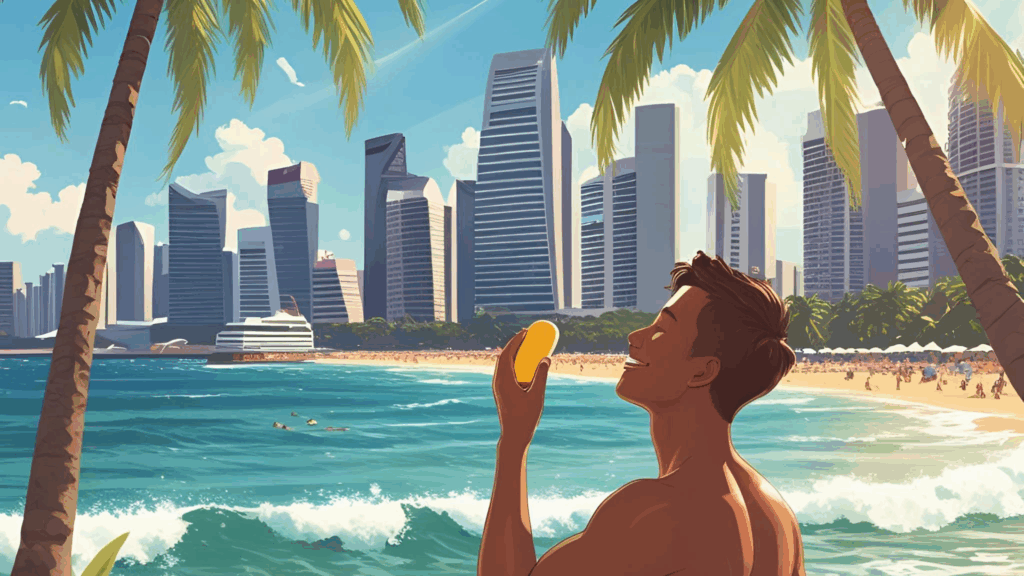 Person applying sunscreen at sunny Singapore beach.